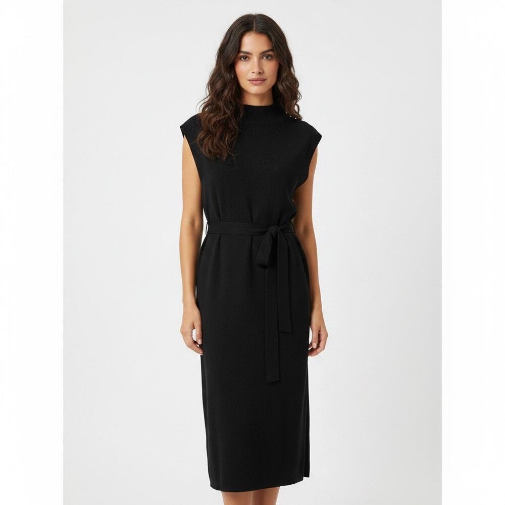 Lands’ End Navy Blue Sweater Midi Dress Belted Mock Neck 2x Sleeveless Office